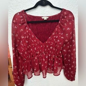 american eagle red long cropped sleeve floral shirt women’s